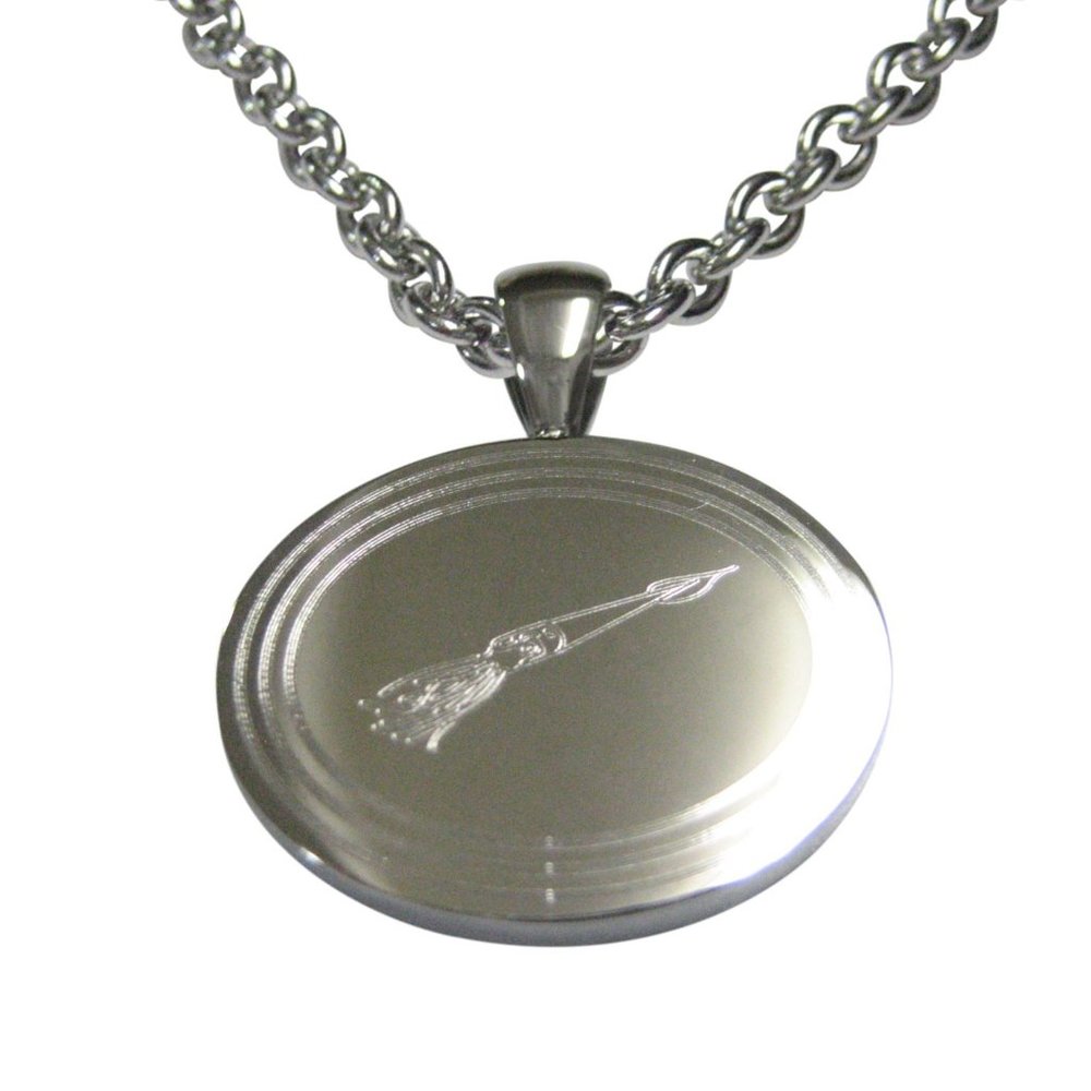 Silver Toned Etched Oval Squid Pendant Necklace